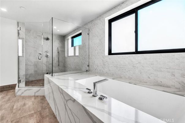 Bathroom, Glass Shower, Interior, Marble Walls, Recessed Lighting