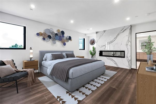 Bedroom, Fireplace, Interior, Marble Walls, Recessed Lighting, Wood Texture Flooring