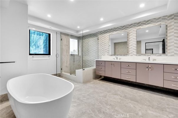 Bathroom, Dual Sink Vanities, Free Standing Baths, Glass Shower, Interior, Recessed Lighting