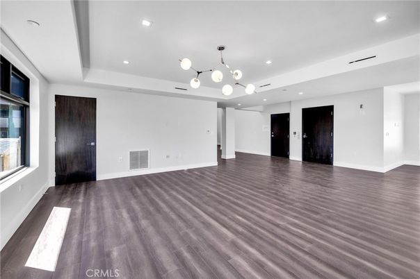 Empty room, Interior, Pendant Lights, Recessed Lighting, Wood Texture Flooring
