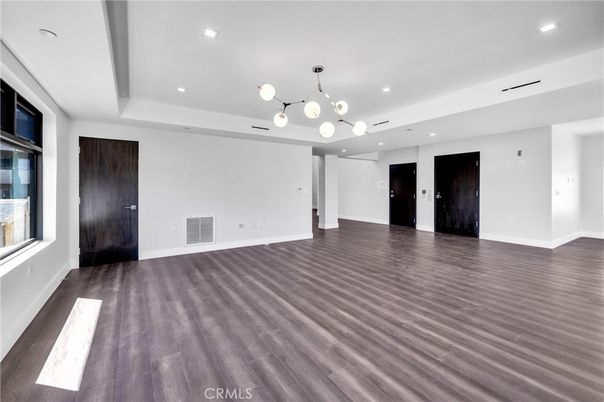 Empty room, Interior, Pendant Lights, Recessed Lighting, Wood Texture Flooring
