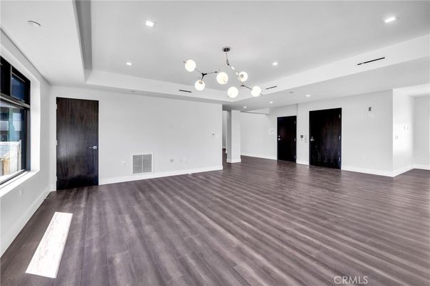 Empty room, Interior, Pendant Lights, Recessed Lighting, Wood Texture Flooring
