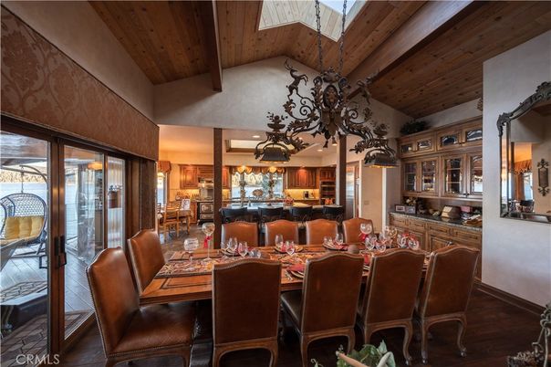 Chandelier, Dining room, Interior, Kitchen, Recessed Lighting, Wooden Beams, Wooden Ceilings, Wood Texture Flooring