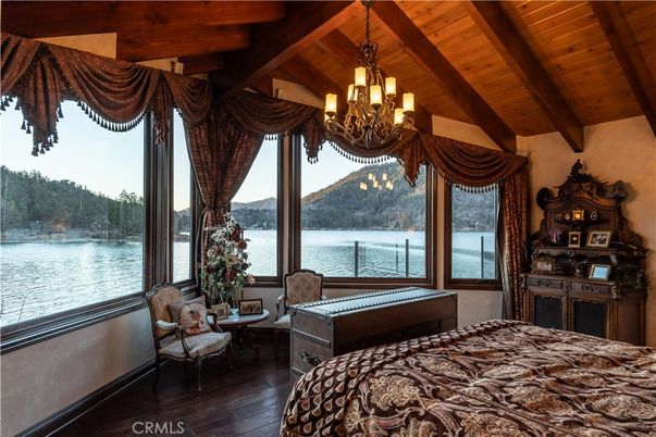 Bedroom, Chandelier, Interior, Water, Wooden Beams, Wooden Ceilings, Wood Texture Flooring