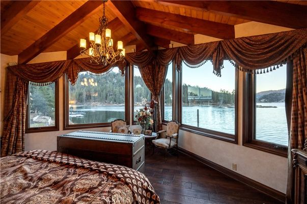 Bedroom, Chandelier, Interior, Water, Wooden Beams, Wooden Ceilings, Wood Texture Flooring