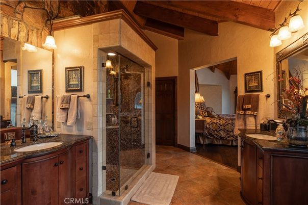 Bathroom, Dual Sink Vanities, Glass Shower, Interior, Wooden Beams, Wooden Ceilings