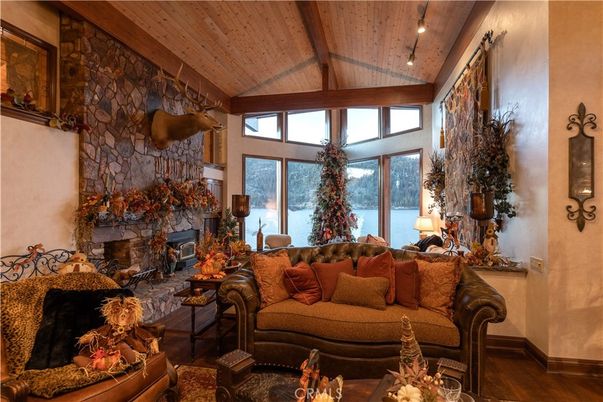 Fireplace, Interior, Living room, Recessed Lighting, Stone Walls, Wooden Beams, Wooden Ceilings, Wood Texture Flooring