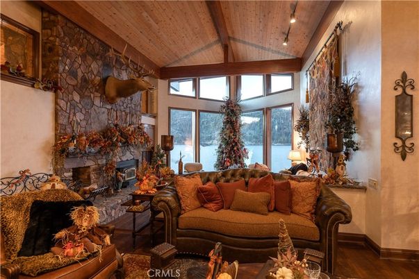 Fireplace, Interior, Living room, Recessed Lighting, Stone Walls, Wooden Beams, Wooden Ceilings, Wood Texture Flooring