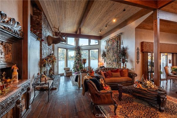 Fireplace, Interior, Living room, Water, Wooden Beams, Wooden Ceilings, Wood Texture Flooring