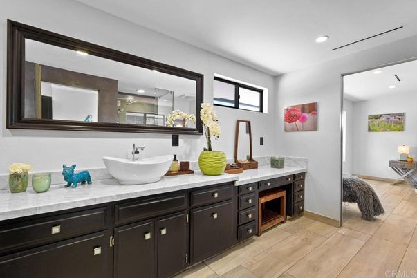 Bathroom, Dual Sink Vanities, Interior, Recessed Lighting, Wood Texture Flooring