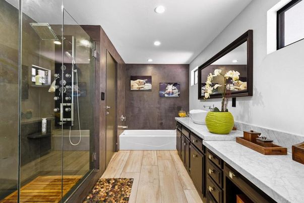 Bathroom, Glass Shower, Interior, Recessed Lighting, Wood Texture Flooring