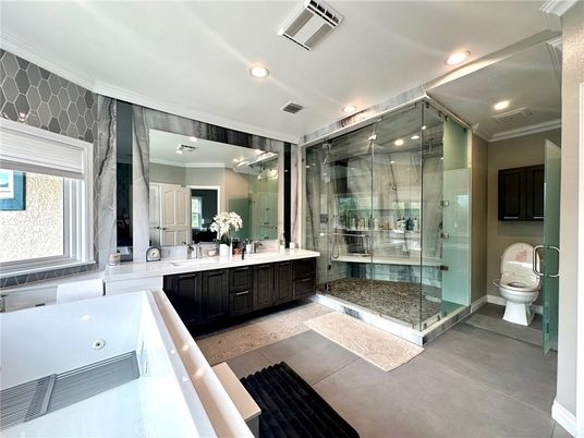 Bathroom, Dual Sink Vanities, Glass Shower, Interior, Recessed Lighting
