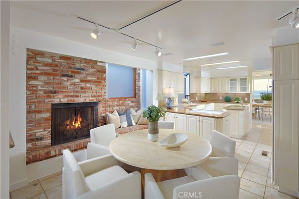 Dining room, Fireplace, Interior, Kitchen, Living room, Pendant Lights, Recessed Lighting, Stone Walls
