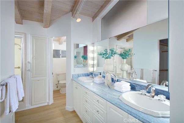 Bathroom, Dual Sink Vanities, Interior, Wooden Beams, Wooden Ceilings, Wood Texture Flooring