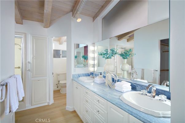 Bathroom, Dual Sink Vanities, Interior, Wooden Beams, Wooden Ceilings, Wood Texture Flooring