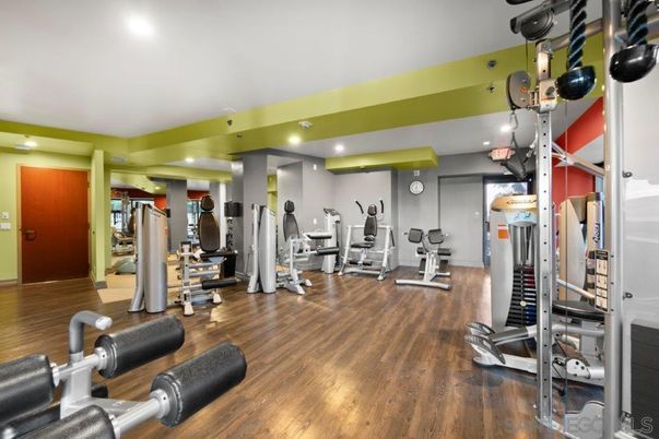 Fitness Equipment, Gym, Interior, Recessed Lighting, Wood Texture Flooring