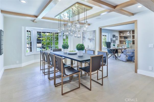 Dining room, Interior, Pendant Lights, Recessed Lighting, Wooden Beams, Wood Texture Flooring