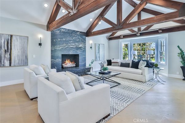 Fireplace, Interior, Living room, Recessed Lighting, Wooden Beams, Wood Texture Flooring