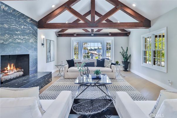 Fireplace, Interior, Living room, Recessed Lighting, Wooden Beams, Wood Texture Flooring