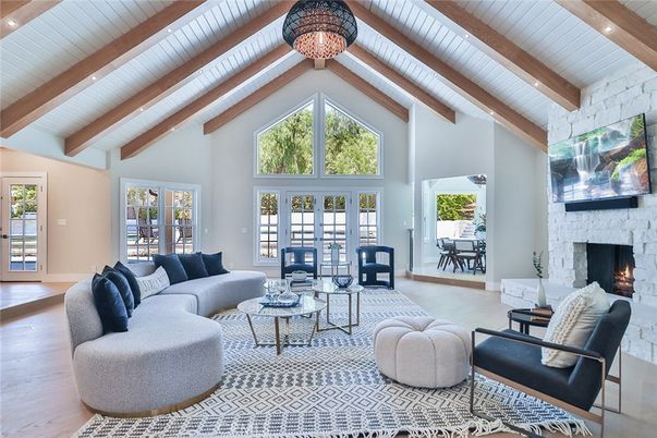 Fireplace, Interior, Living room, Recessed Lighting, Stone Walls, Wooden Beams