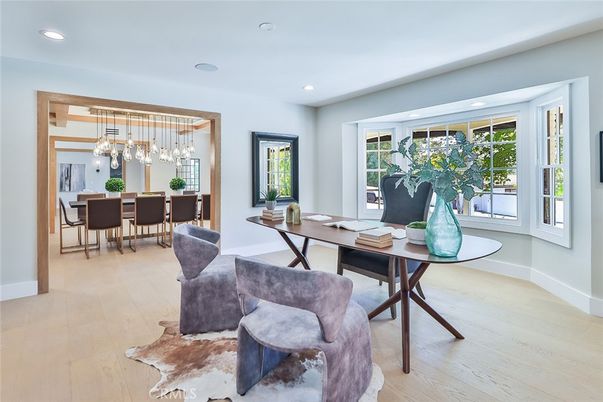 Dining room, Interior, Pendant Lights, Recessed Lighting, Wood Texture Flooring