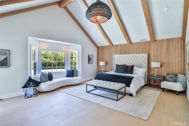 Bedroom, Chandelier, Interior, Wooden Beams, Wood Texture Flooring
