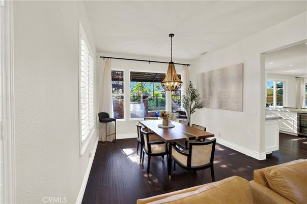 Dining room, Interior, Pendant Lights, Recessed Lighting, Wood Texture Flooring