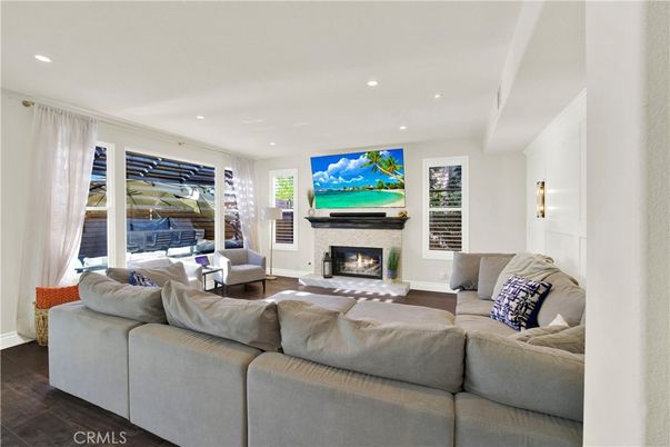 Fireplace, Interior, Living room, Recessed Lighting, Wood Texture Flooring