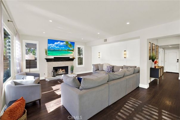 Fireplace, Interior, Living room, Recessed Lighting, Wood Texture Flooring