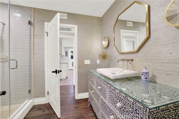 Bathroom, Glass Shower, Interior, Tile Countertops, Wood Texture Flooring
