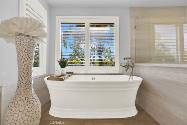 Bathroom, Free Standing Baths, Glass Shower, Interior, Wood Texture Flooring