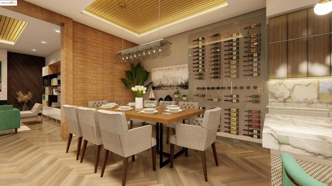 Dining room, Interior, Pendant Lights, Recessed Lighting, Stone Walls, Wine Storage, Wood Texture Flooring
