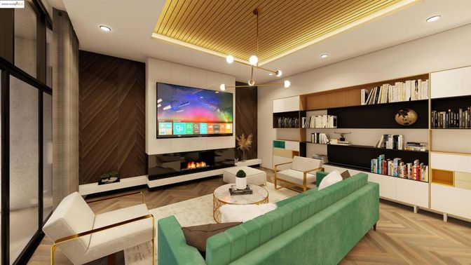 Fireplace, Interior, Living room, Pendant Lights, Recessed Lighting, Wood Texture Flooring