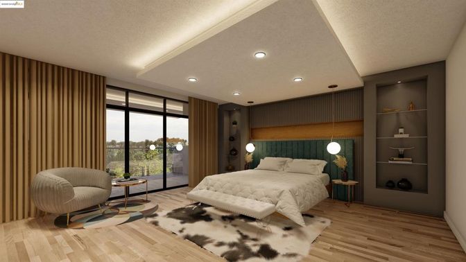 Bedroom, Interior, Pendant Lights, Recessed Lighting, Wood Texture Flooring