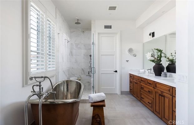 Bathroom, Free Standing Baths, Glass Shower, Interior, Marble Walls, Recessed Lighting