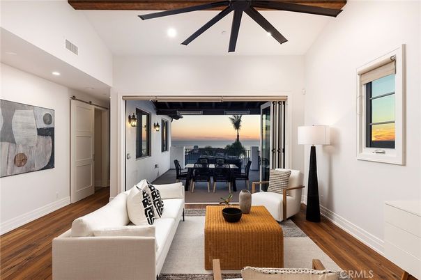 Dining room, Interior, Living room, Recessed Lighting, Water, Wooden Beams, Wood Texture Flooring