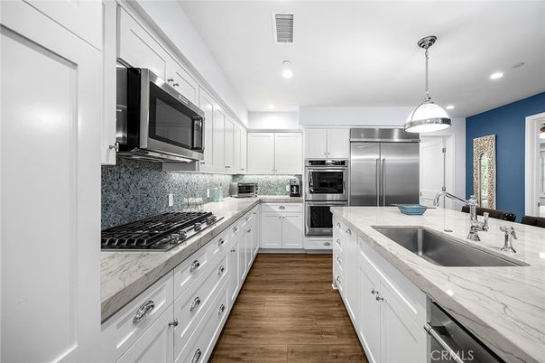 Interior, Kitchen, Pendant Lights, Recessed Lighting, Stainless Steel Appliances, Wood Texture Flooring