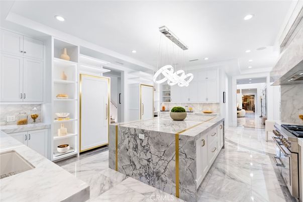 Interior, Kitchen, Marble, Marble Walls, Pendant Lights, Recessed Lighting