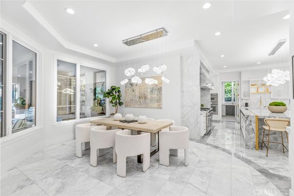 Dining room, Interior, Kitchen, Marble, Marble Walls, Pendant Lights, Recessed Lighting