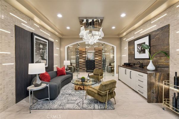 Chandelier, Interior, Living room, Recessed Lighting, Stone Walls, Wine Storage
