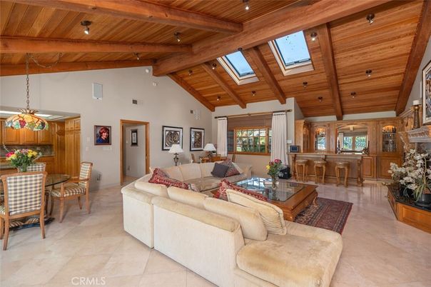 Dining room, Fireplace, Interior, Living room, Pendant Lights, Recessed Lighting, Wooden Beams, Wooden Ceilings