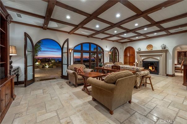 Fireplace, Interior, Living room, Recessed Lighting, Wooden Beams