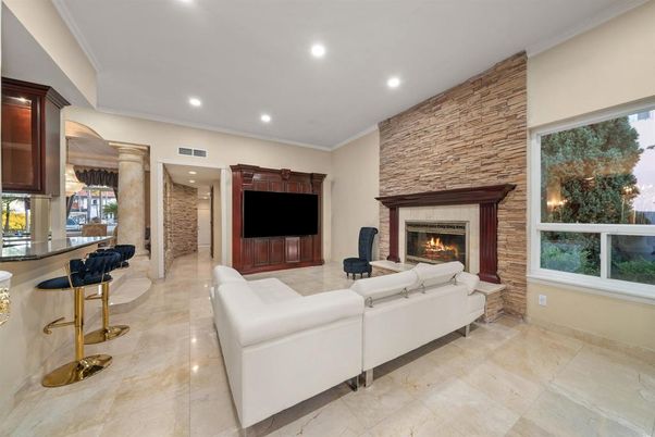 Fireplace, Interior, Living room, Recessed Lighting, Stone Walls