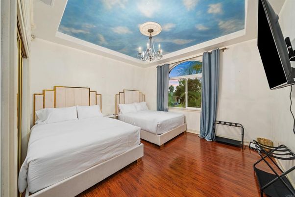 Bedroom, Chandelier, Interior, Wood Texture Flooring