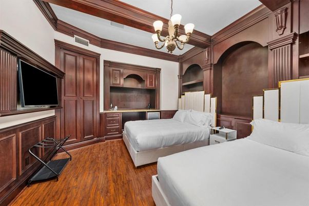 Bedroom, Chandelier, Interior, Wood Texture Flooring
