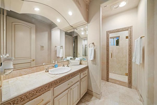 Bathroom, Glass Shower, Interior, Recessed Lighting, Tile Countertops