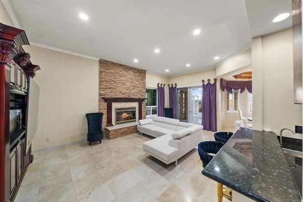 Fireplace, Interior, Living room, Recessed Lighting, Stone Walls