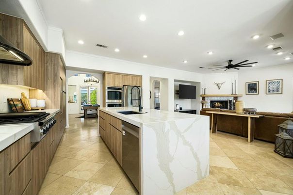 Chandelier, Fireplace, Interior, Kitchen, Recessed Lighting, Stainless Steel Appliances