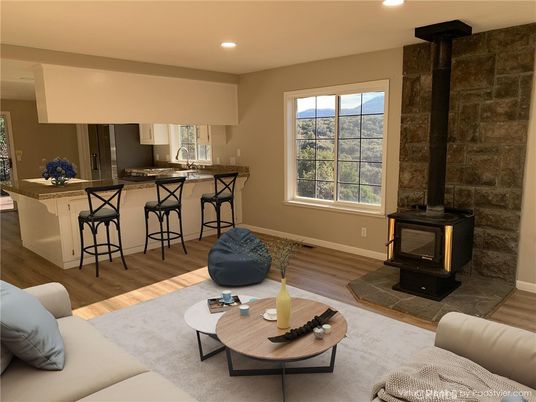 Fireplace, Interior, Living room, Recessed Lighting, Stone Walls, Wood Texture Flooring