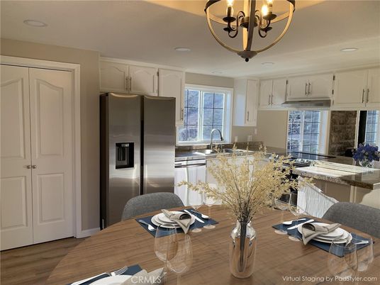 Chandelier, Interior, Kitchen, Recessed Lighting, Stainless Steel Appliances, Wood Texture Flooring